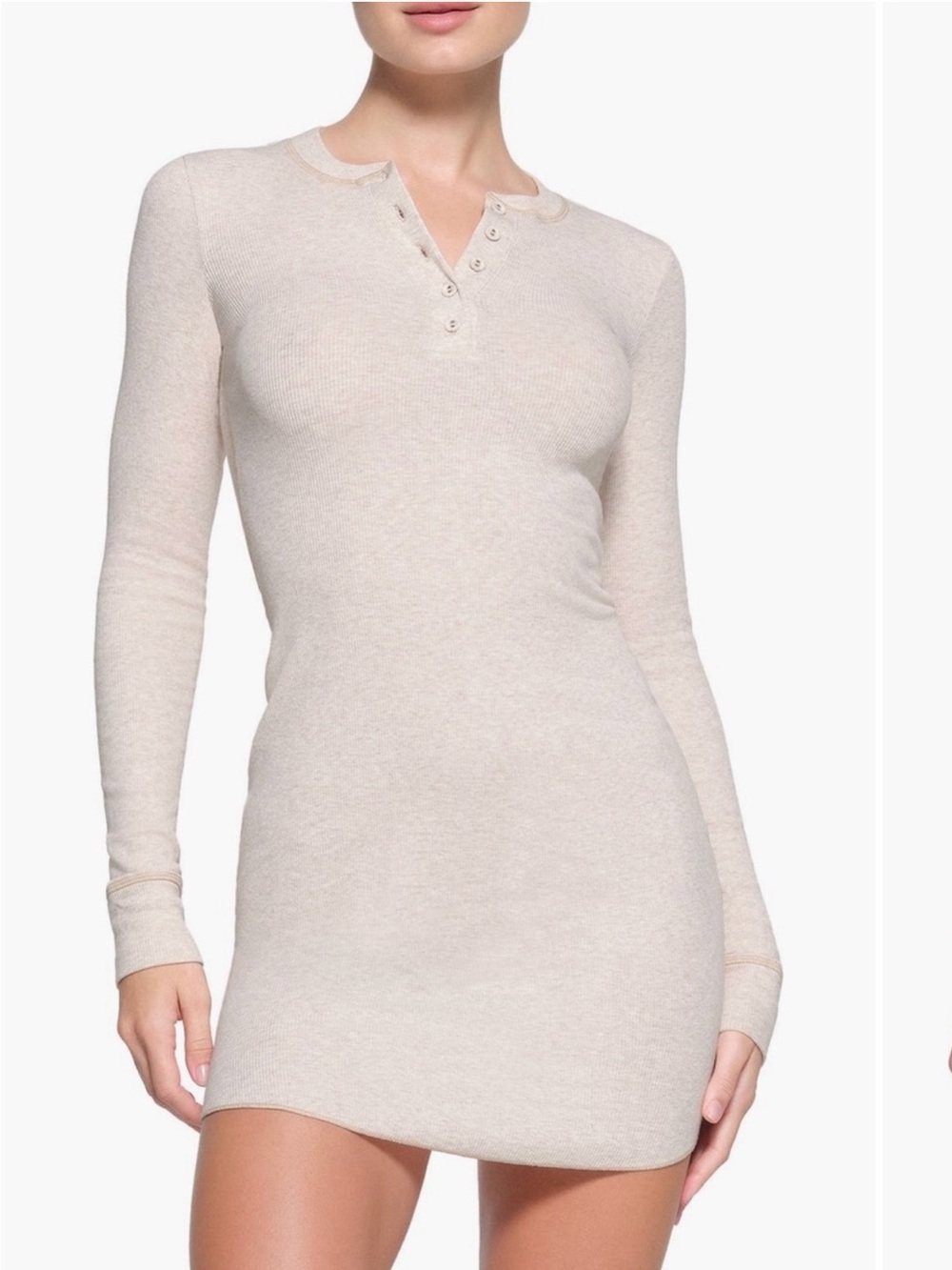 Skims Cotton Rib Henley Long Sleeve Mini Dress Oatmeal Size Large